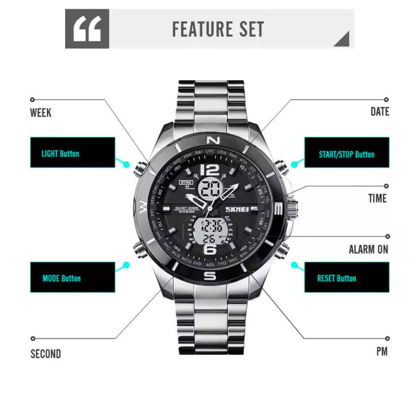 Skmei 1670 Stainless steel men's sport watches led light military countdown 3 times