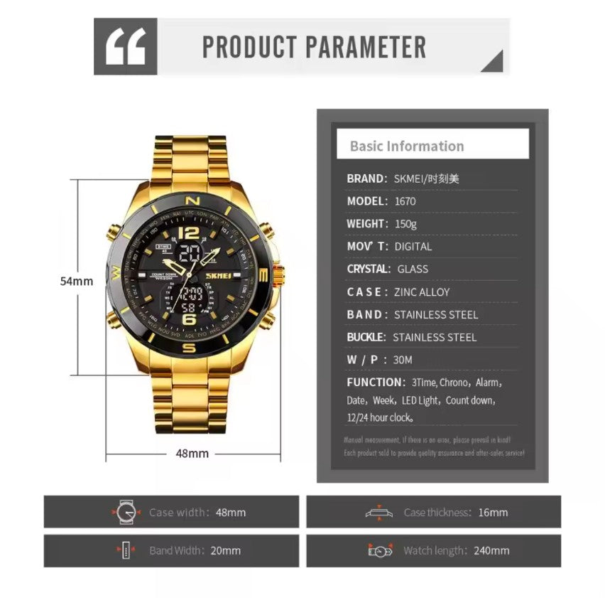 Skmei 1670 Stainless steel men's sport watches led light military countdown 3 times