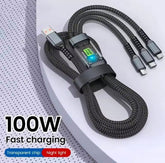 100W Super Fast Charging USB C Type 3 In 1 Data Cable With Light