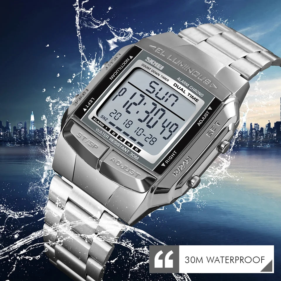 SKMEI Luxury Sports Watch Golden Men's Watch Led Digital Alarm Countdown Steel Male Wrist Watches