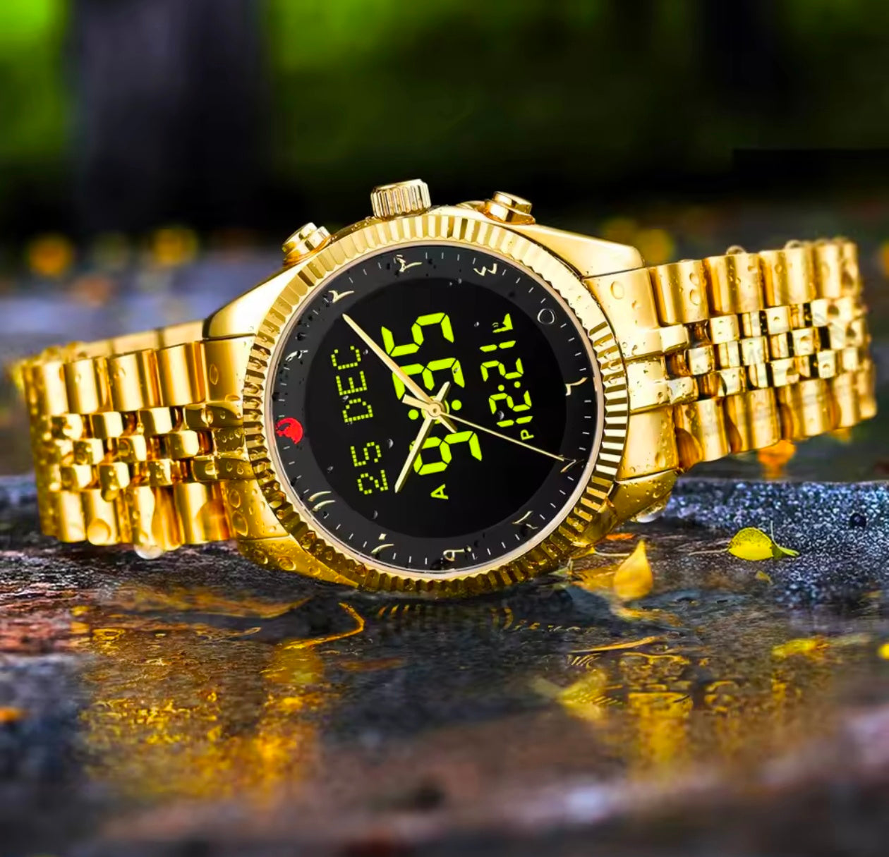 Alharmeen Al Fajar Muslim Watch with Arabic Sapphire Crystal Dial Azan Prayer Alarm Islamic Time Wristwatch Ramadan Gift