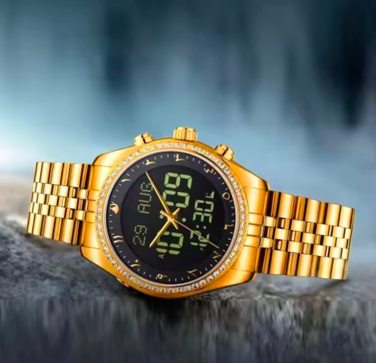 Alharmeen Al Fajar Muslim Watch with Arabic Sapphire Crystal Dial Azan Prayer Alarm Islamic Time Wristwatch Ramadan Gift