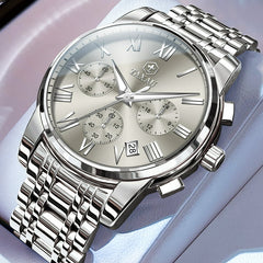 DINAR Men's Waterproof Watch Stainless Steel Luxury Chronograph Quartz Watch
