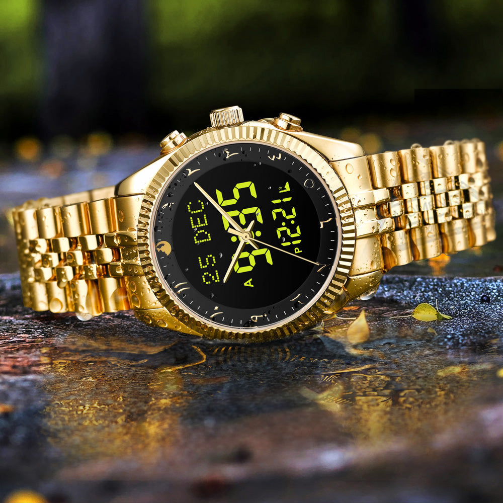 Alharmeen Al Fajar Muslim Watch with Arabic Sapphire Crystal Dial Azan Prayer Alarm Islamic Time Wristwatch Ramadan Gift