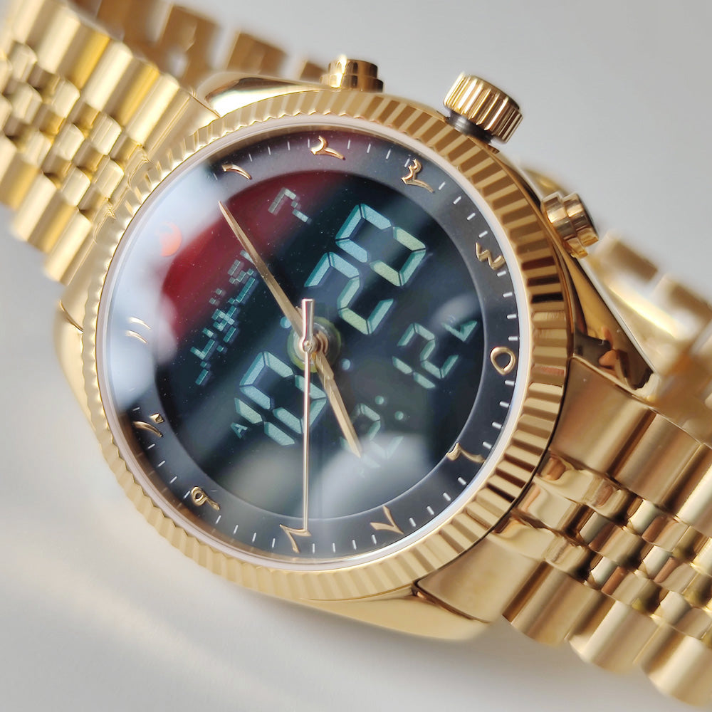 Alharmeen Al Fajar Muslim Watch with Arabic Sapphire Crystal Dial Azan Prayer Alarm Islamic Time Wristwatch Ramadan Gift