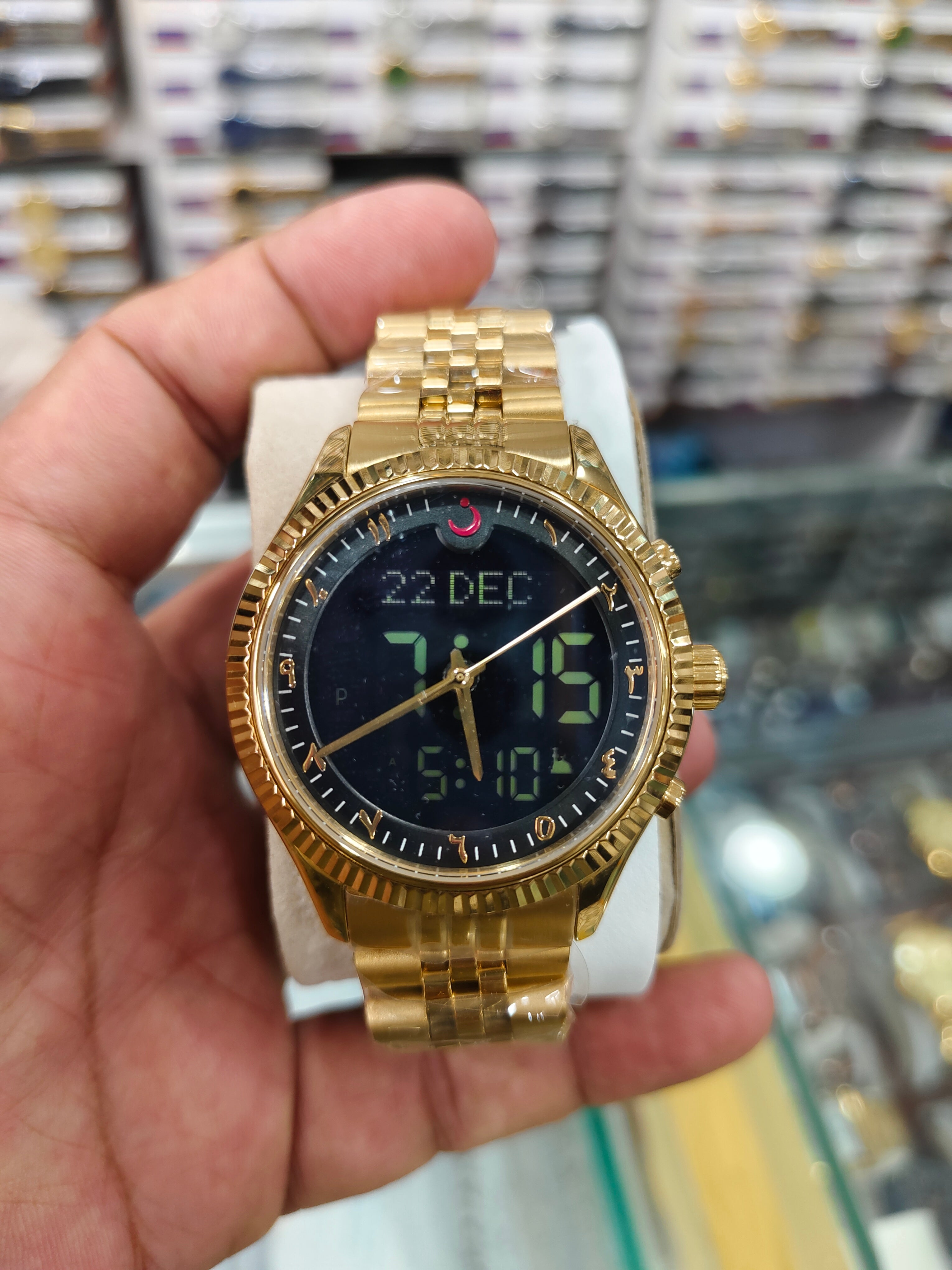 Alharmeen Al Fajar Muslim Watch with Arabic Sapphire Crystal Dial Azan Prayer Alarm Islamic Time Wristwatch Ramadan Gift