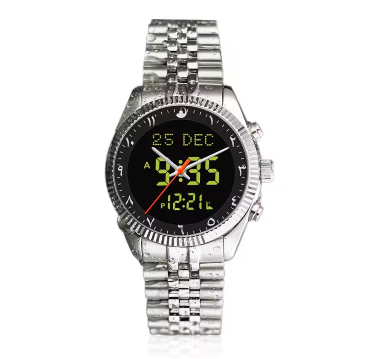 Alharmeen Al Fajar Muslim Watch with Arabic Sapphire Crystal Dial Azan Prayer Alarm Islamic Time Wristwatch Ramadan Gift