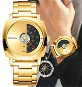 Luxury Creative Turntable Numbers Display Concept Gold Dial Men's Quartz Wristwatch