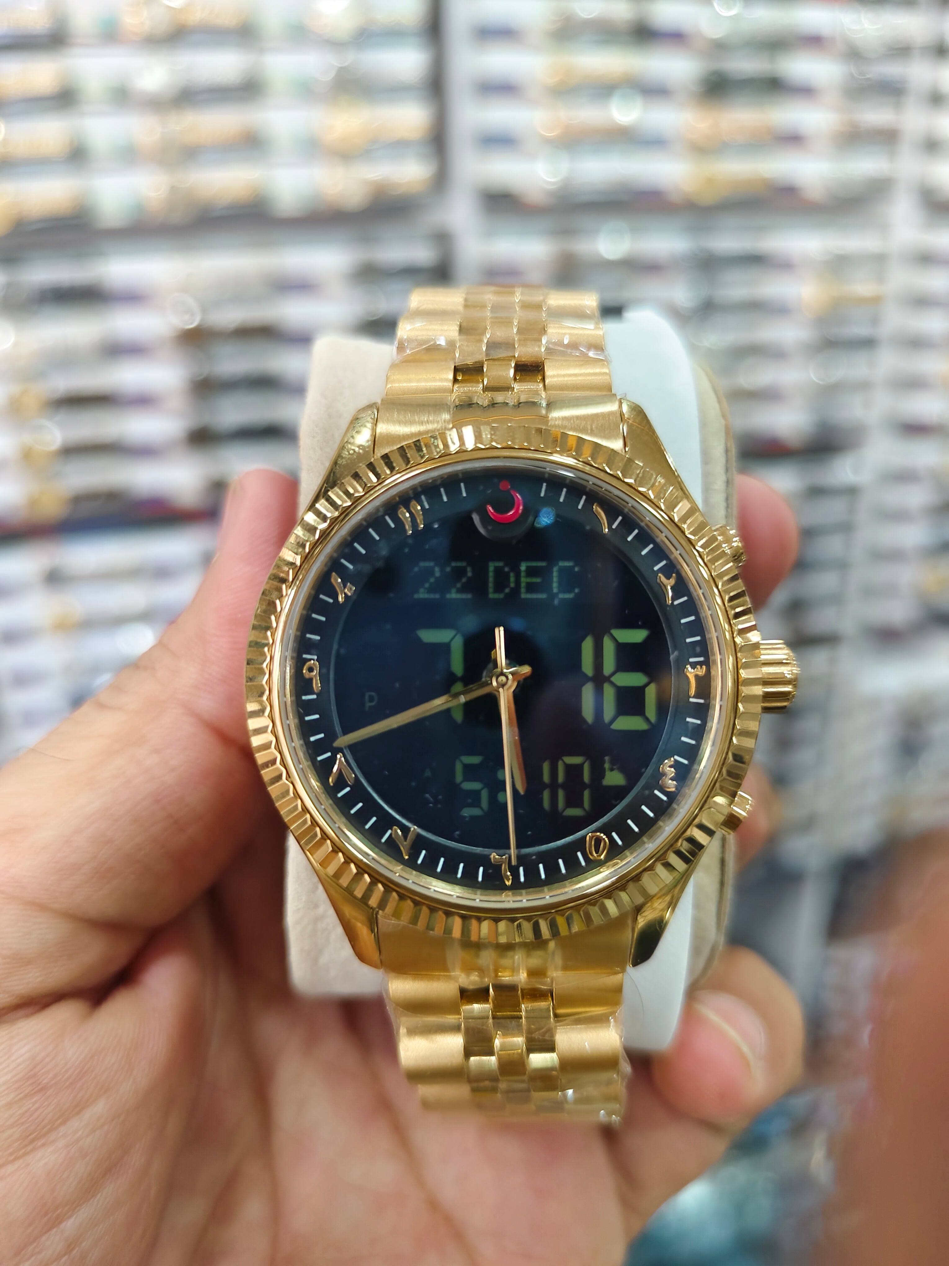 Alharmeen Al Fajar Muslim Watch with Arabic Sapphire Crystal Dial Azan Prayer Alarm Islamic Time Wristwatch Ramadan Gift