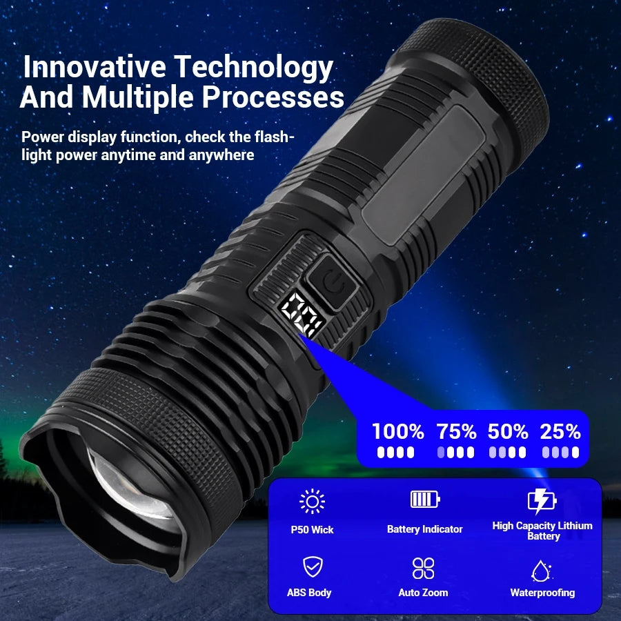 Long Range High Power Dual Light  Flashlight Built in Battery