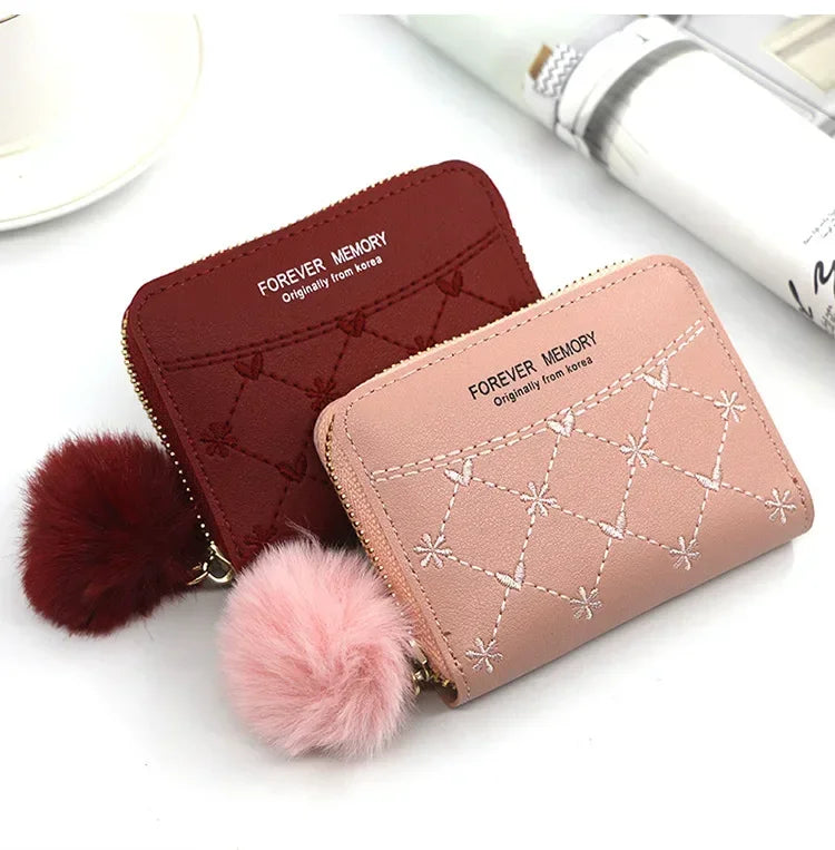 Ladies embroidery Women's Short Wallet, Embroidery Hairball, Clutch, Card Holder, Coin Purse,