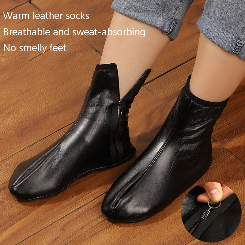 2Pcs Pu Leather Velvet Socks Zipper Indoor Soft Non-Slip boot