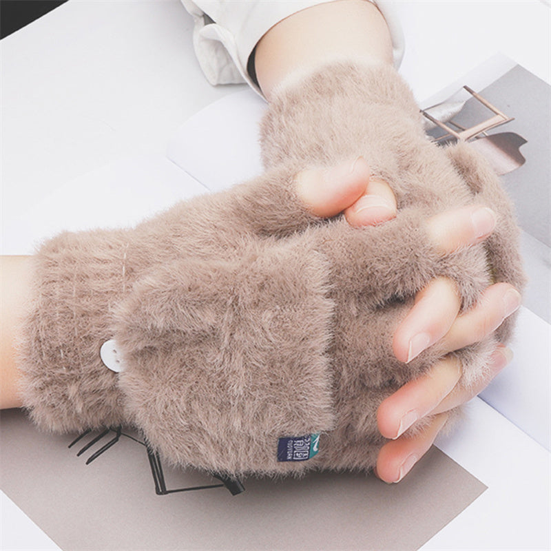 Women Cashmere Half-finger Gloves Autumn Winter Plus Adult Fashion Soft Warm Cartoon Bear Touchscreen Flap Cover Fingerless