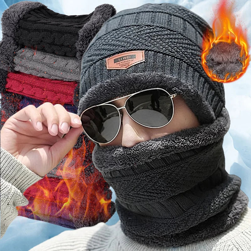 -5° Winter Wool Skull Cap with Neck Scarf Wool Warm -  Man Winter Cap with Mask