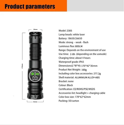 2km Long Range LED Flashlight With Side COB Strong Tail Magnet Lamp Type-C