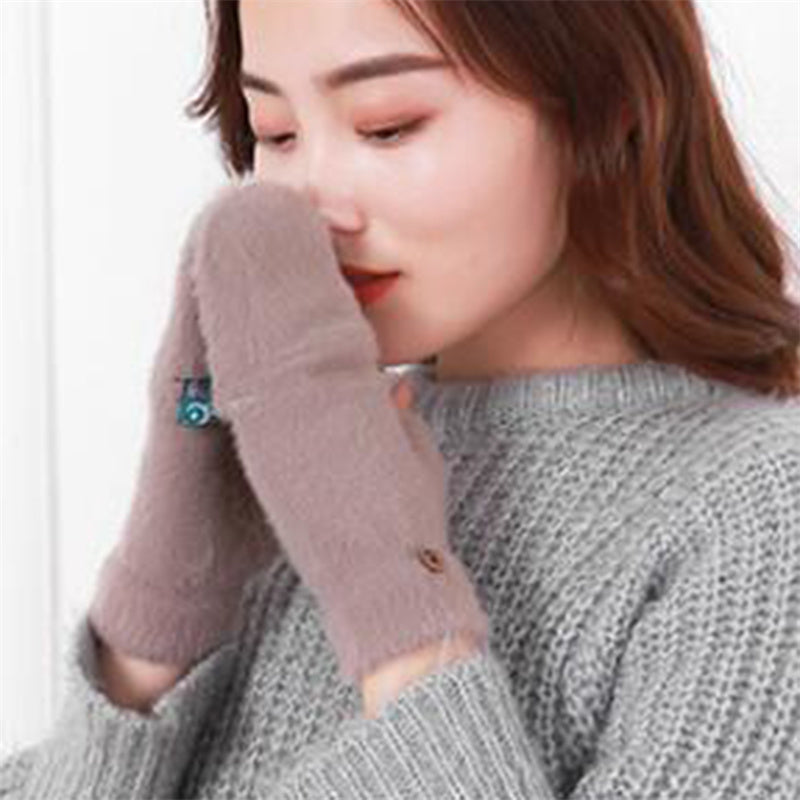 Women Cashmere Half-finger Gloves Autumn Winter Plus Adult Fashion Soft Warm Cartoon Bear Touchscreen Flap Cover Fingerless