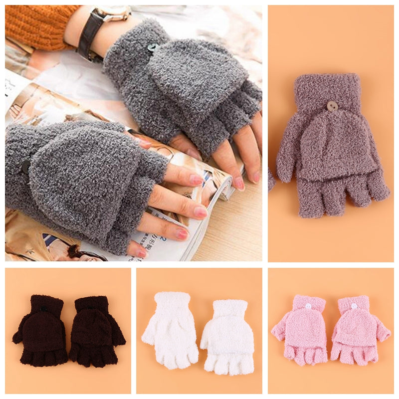 Women Cashmere Half-finger Gloves Autumn Winter Plus Adult Fashion Soft Warm Cartoon Bear Touchscreen Flap Cover Fingerless