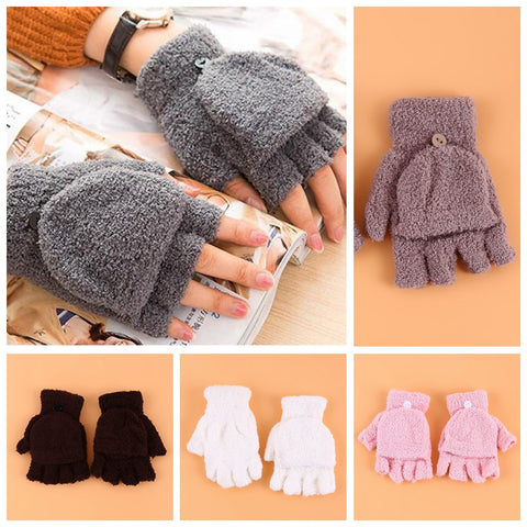 Women Cashmere Half-finger Gloves Autumn Winter Plus Adult Fashion Soft Warm Cartoon Bear Touchscreen Flap Cover Fingerless