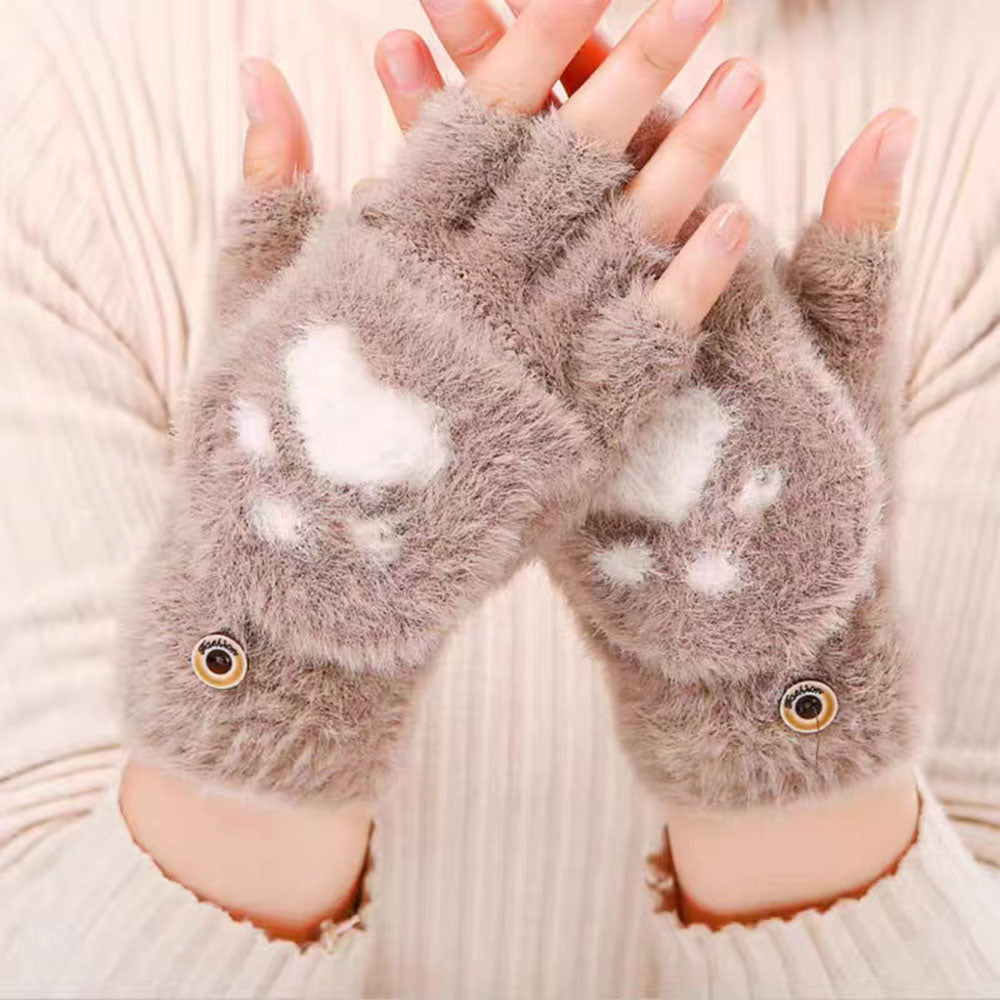 Women Cashmere Half-finger Gloves Autumn Winter Plus Adult Fashion Soft Warm Cartoon Bear Touchscreen Flap Cover Fingerless