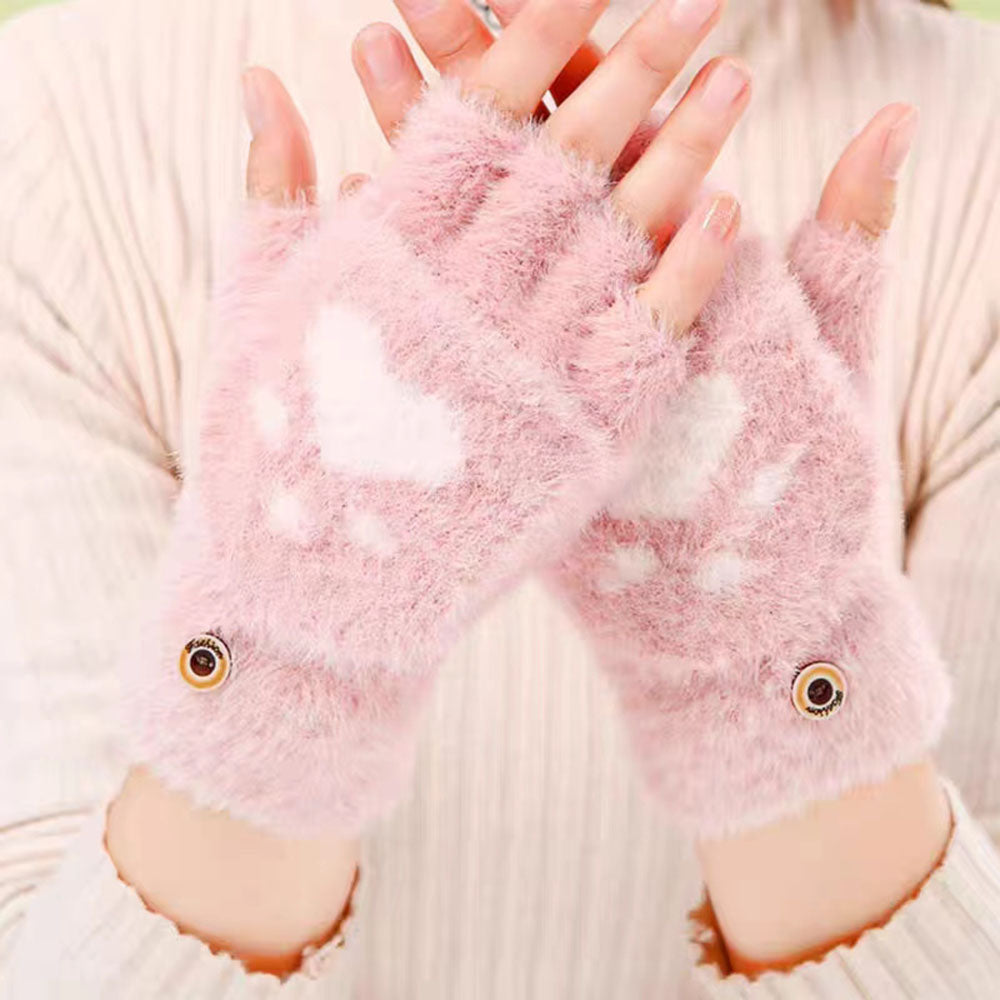 Women Cashmere Half-finger Gloves Autumn Winter Plus Adult Fashion Soft Warm Cartoon Bear Touchscreen Flap Cover Fingerless