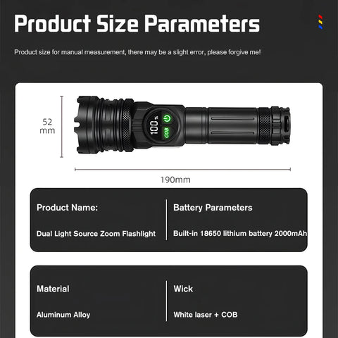 2km Long Range LED Flashlight With Side COB Strong Tail Magnet Lamp Type-C
