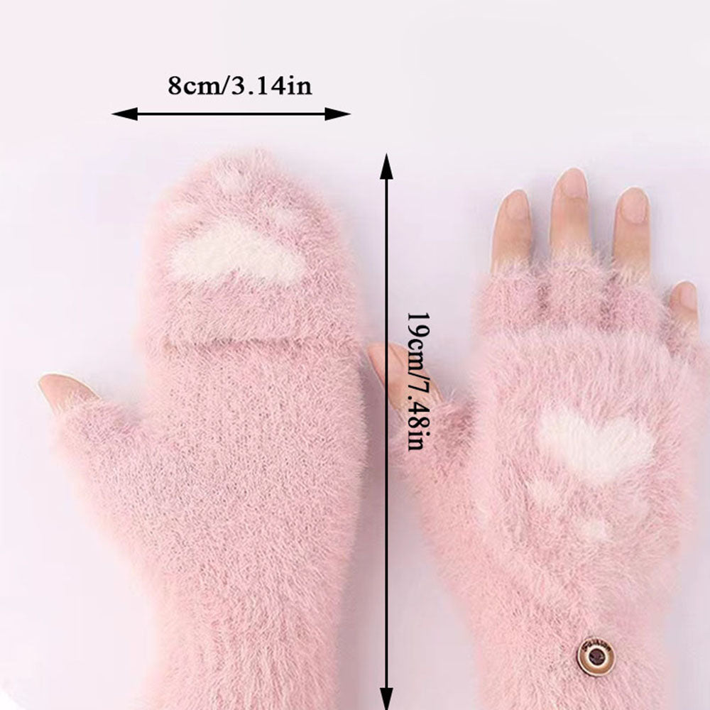 Women Cashmere Half-finger Gloves Autumn Winter Plus Adult Fashion Soft Warm Cartoon Bear Touchscreen Flap Cover Fingerless