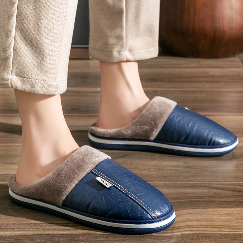 Men women Waterproof indoor Slippers Warm Plush Leather Slippers Thick Bottom