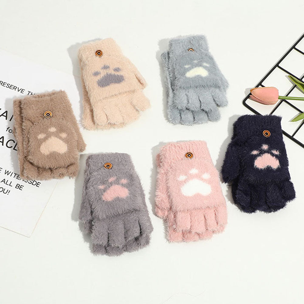 Women Cashmere Half-finger Gloves Autumn Winter Plus Adult Fashion Soft Warm Cartoon Bear Touchscreen Flap Cover Fingerless