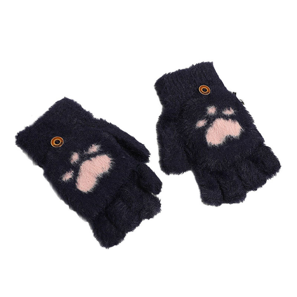 Women Cashmere Half-finger Gloves Autumn Winter Plus Adult Fashion Soft Warm Cartoon Bear Touchscreen Flap Cover Fingerless