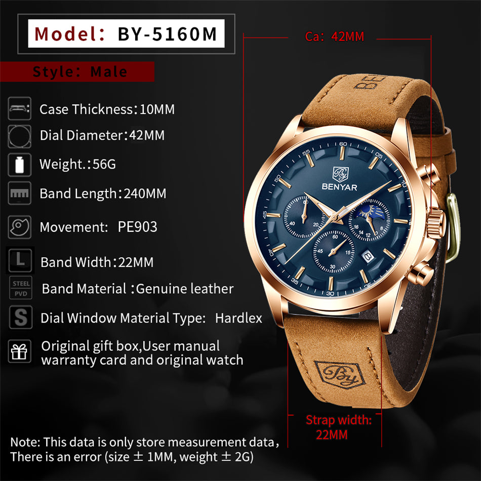 BNYAR Quartz Wristwatch Fashion Sports Chronograph Waterproof Leather Watch Men Relogio Masculino