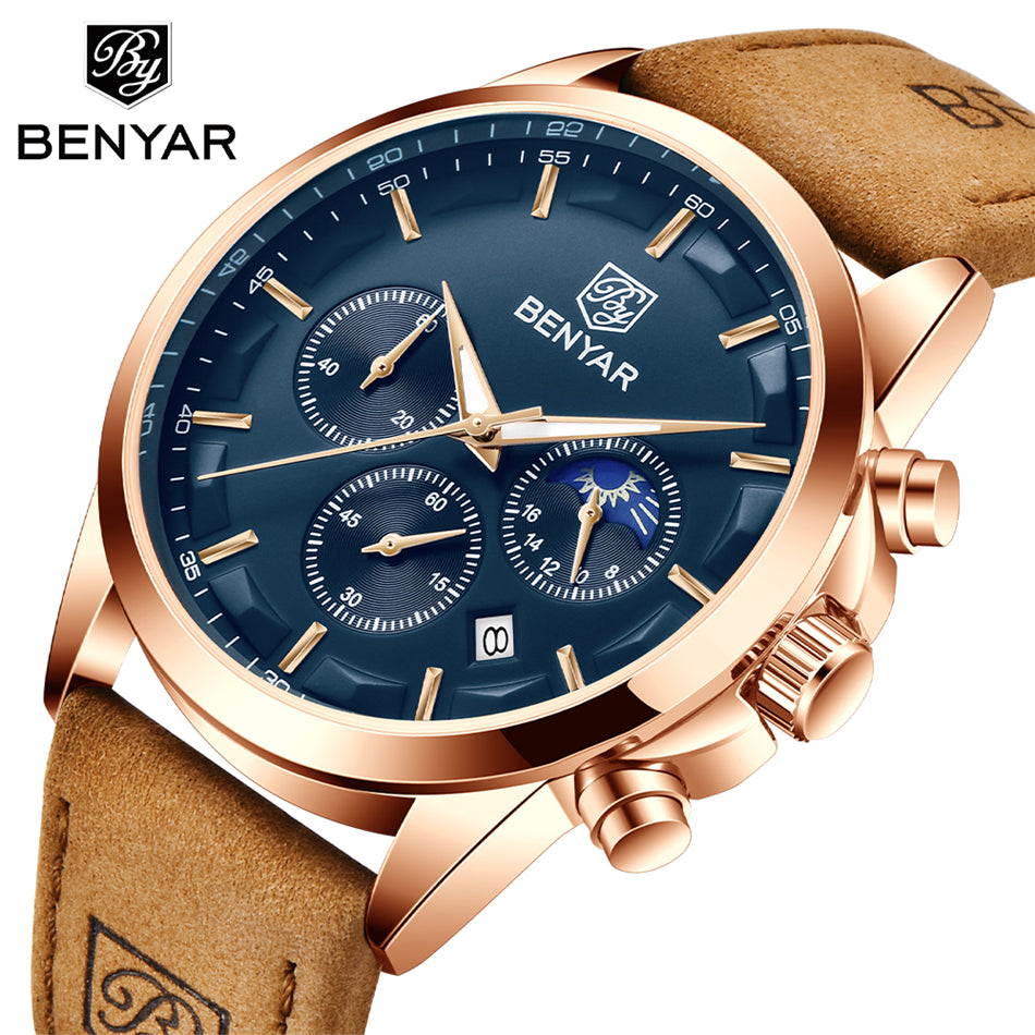 BNYAR Quartz Wristwatch Fashion Sports Chronograph Waterproof Leather Watch Men Relogio Masculino