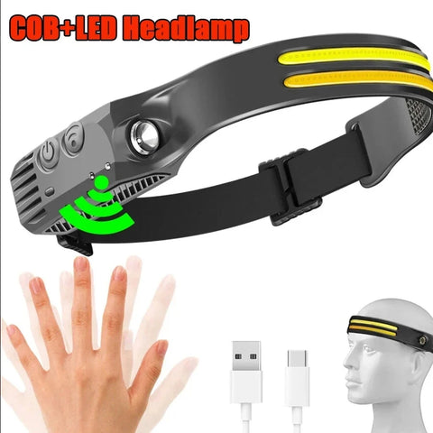Induction COB LED Head Lamp with Built-in Battery Flashlight USB Rechargeable