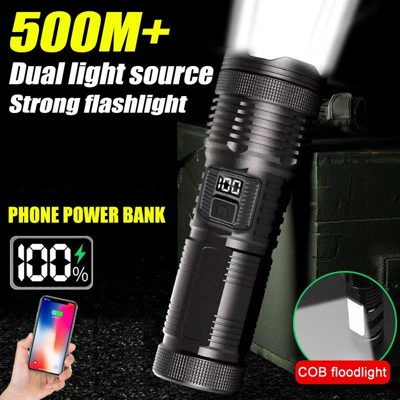 Long Range High Power Dual Light  Flashlight Built in Battery
