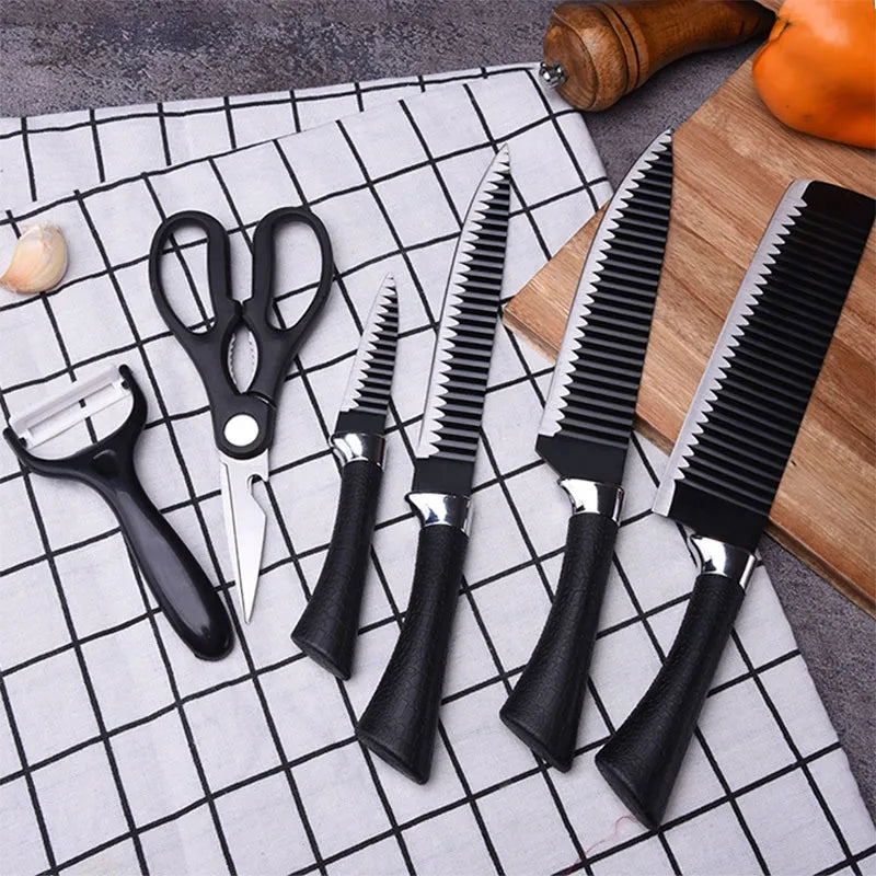 Kitchen knife new stainless steel black non stick knife wavy pattern cover knife 6-Piece gift cover knife

 
