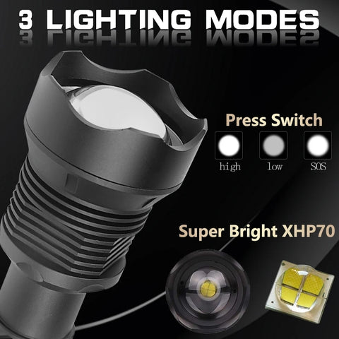 IPX6 Flash light 90000 Lumens LED Flashlight USB Zoomable 3 Mode Torch XHP70 XHP50 18650 26650 Waterproof Rechargeable Battery
