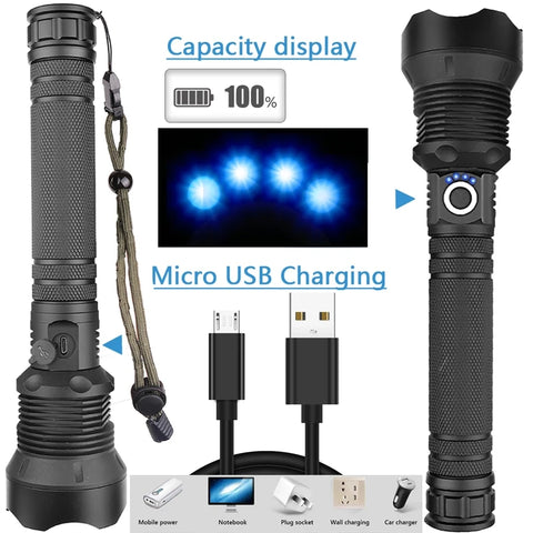 IPX6 Flash light 90000 Lumens LED Flashlight USB Zoomable 3 Mode Torch XHP70 XHP50 18650 26650 Waterproof Rechargeable Battery
