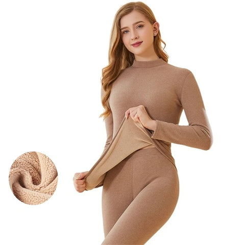Ladies Cashmere Velvet thermal Underwear Double Layer Warm Lingerie Suit