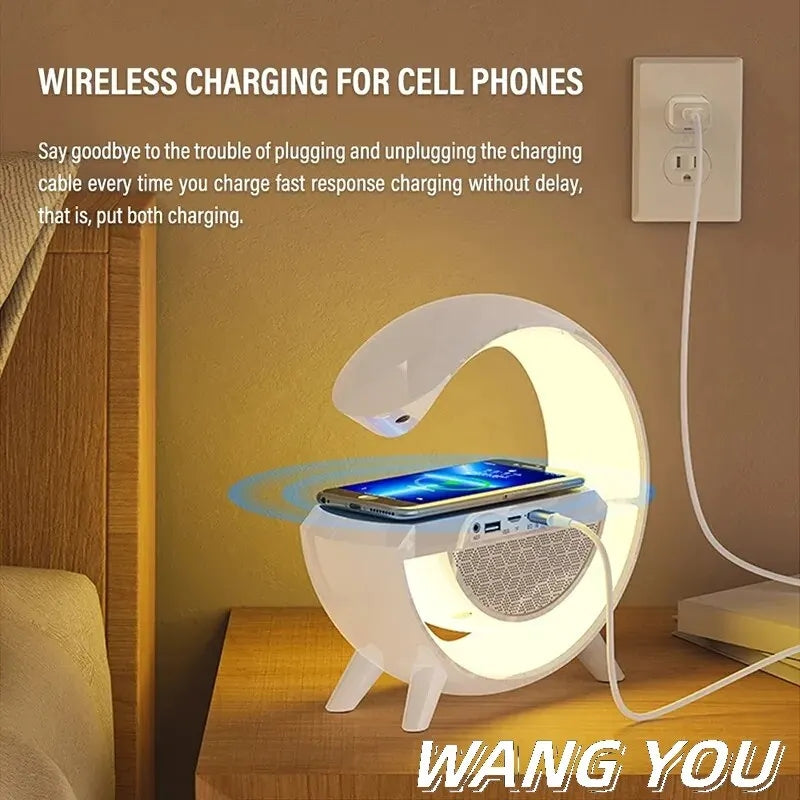 Wireless Charging Speaker| Alarm Clock | Portable Atmosphere Lamp Speaker |Dimmable Bedside Lamp Mp3 Player