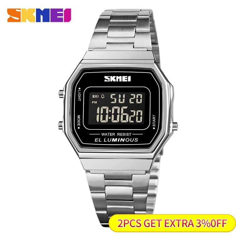 SKMEI Retro 1647 LED Digital Stainless Steel Band Waterproof Watch