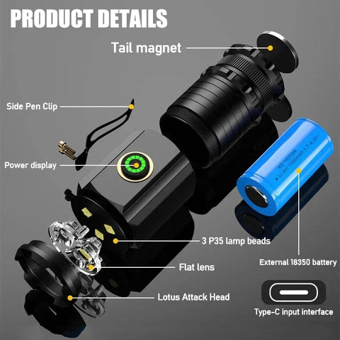 Rechargeable Led Flashlight Built-in 18650 Lithium Battery Waterproof Usb Rechargeable Long Range Torch