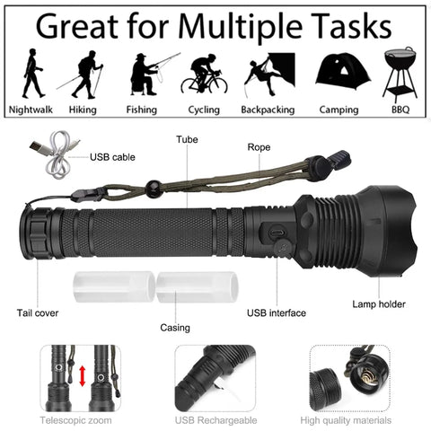 IPX6 Flash light 90000 Lumens LED Flashlight USB Zoomable 3 Mode Torch XHP70 XHP50 18650 26650 Waterproof Rechargeable Battery