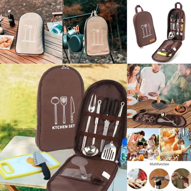 8 Pcs/set Outdoor Camping Cookware Set With Knife Utensil Spoon Portable
