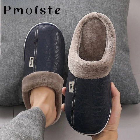 Men women Waterproof indoor Slippers Warm Plush Leather Slippers Thick Bottom