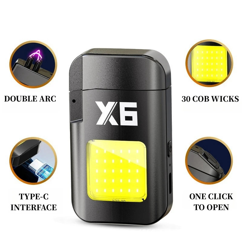 Mini LED Flashlight Dual Arc Lighter Pulse Flameless Usb Rechargeable Lighter