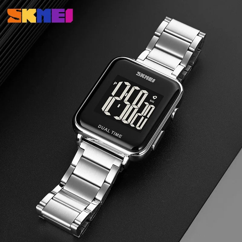 SKMEI Military Chrono Count Down Digital Watch Men's LED Light 5 Bar Waterproof Steel Strap Sport Watches