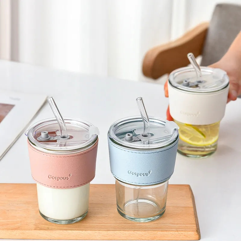 400ML Creative Straw Glass coffee cup leak proof 