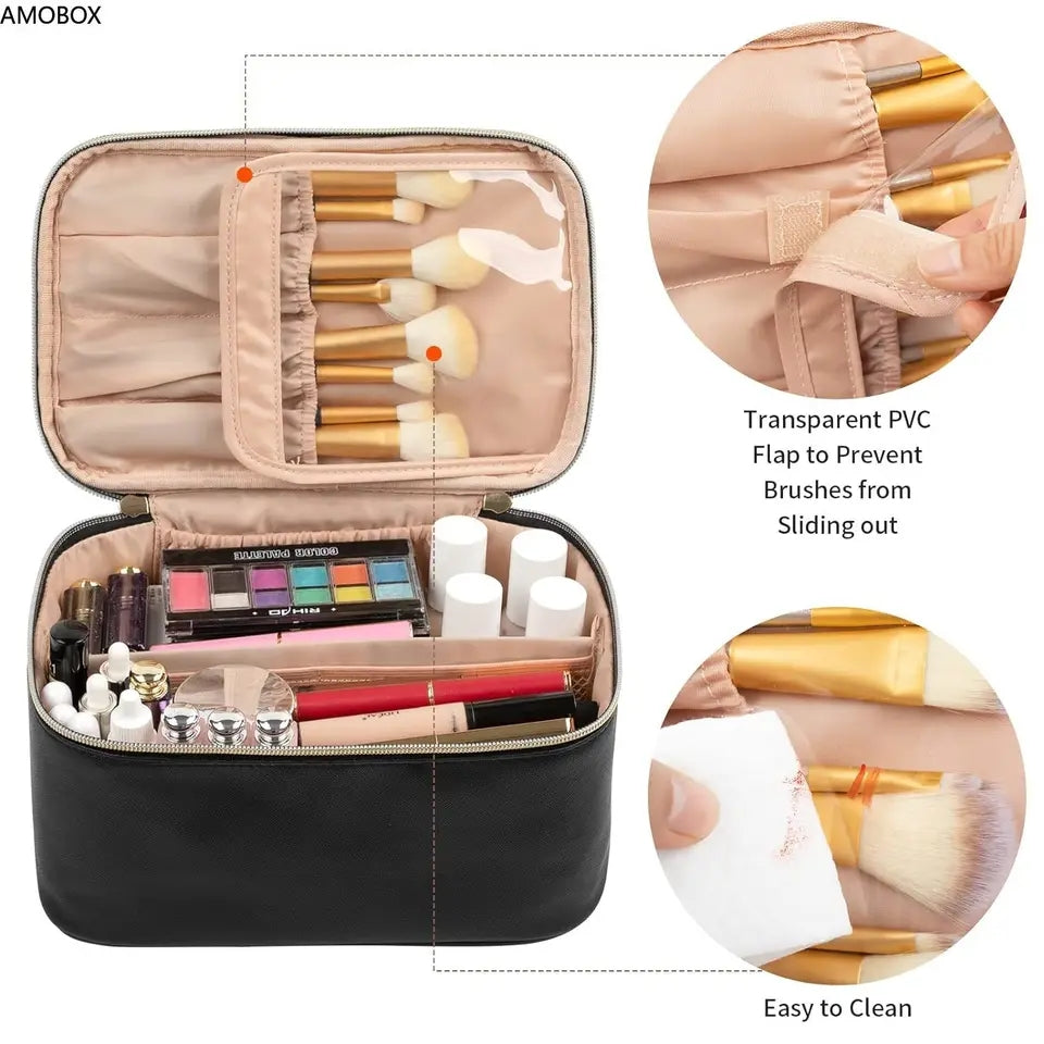 Portable Makeup Bag with Handle and Divider, Travel Case, Toiletry Organizer, Large Capacity