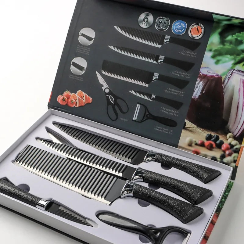 Kitchen knife new stainless steel black non stick knife wavy pattern cover knife 6-Piece gift cover knife

 