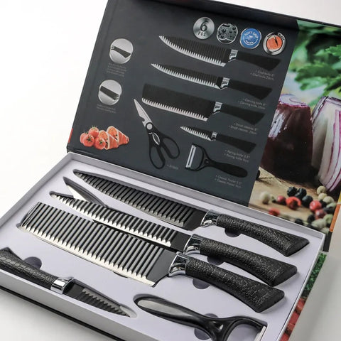 Kitchen knife new stainless steel black non stick knife wavy pattern cover knife 6-Piece gift cover knife

 