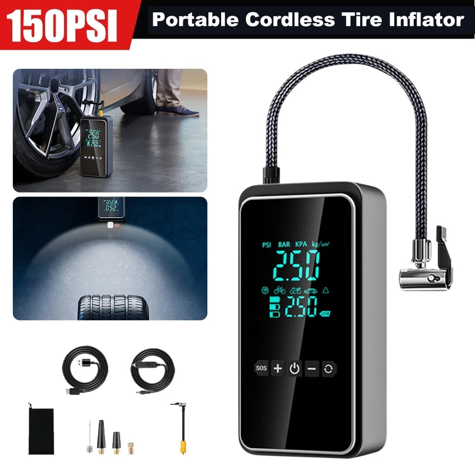 Cordless Tire Inflator for Car Portable Air Compressor Pump & Power bank